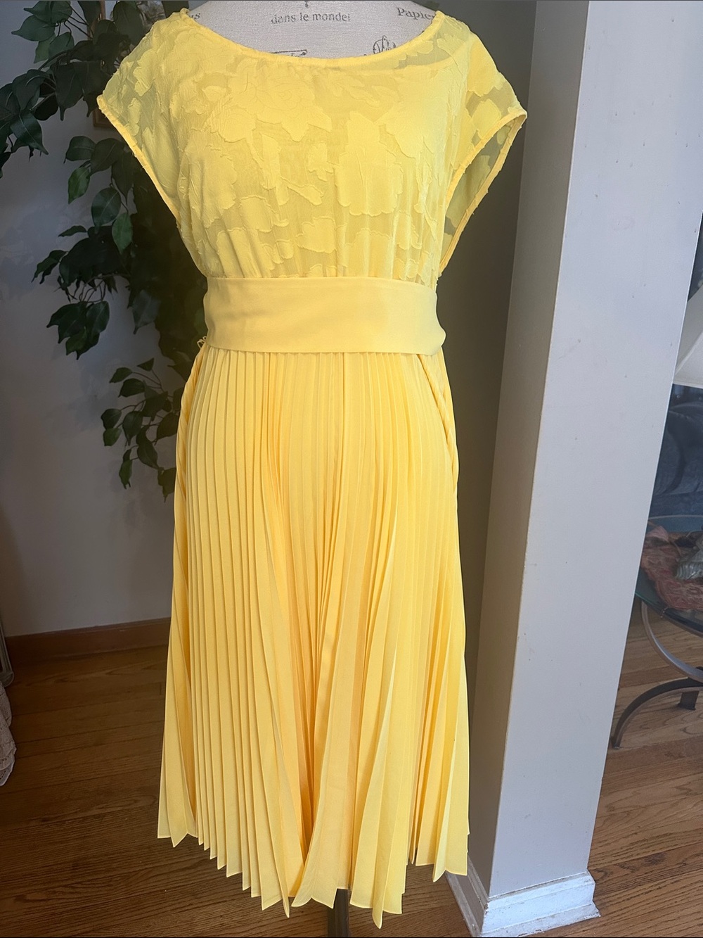 NWOT Lane Bryant Sunny Yellow Lace Bodice Pleated Midi Dress/ 14/16